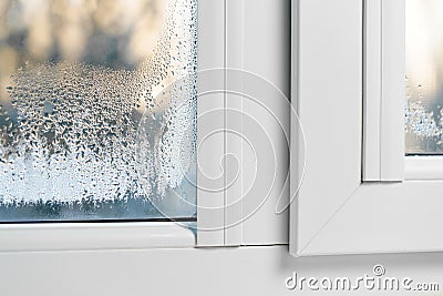 Misted Windows condensation mist on double glazed windows Stock Photo