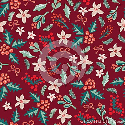 Misteltoes and christmas flowers on a dark red background. Great for the Christmas season - greeting cards, gift wrap, fabric. Stock Photo