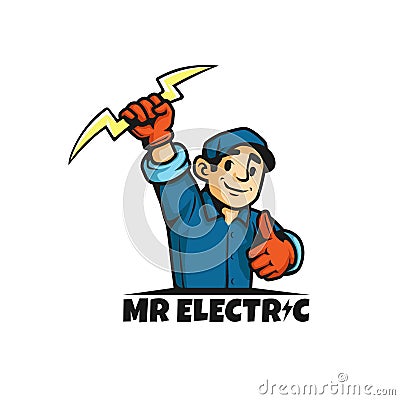 Mister electric logo. a man holding lighting. vector illustration Cartoon Illustration