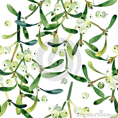 Mistletoe branch. seamless pattern with mistletoe branch. watercolor mistletoe. Stock Photo