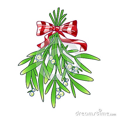 Mistletoe. Hand drawn vector illustration of mistletoe sprigs with red bow isolated on white background for Christmas Vector Illustration