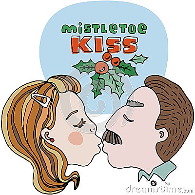 Mistletoe kiss editable vector illustration with red and green title. Green leafs and red berries. Cartoon vector template design Vector Illustration