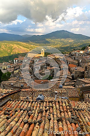 Mistretta, an ancient town in the Italian region of Sicily, view of the rooftops and surrounding countryside Stock Photo