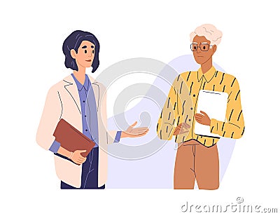 Mistrust and distrust in business concept. Businesswoman hesitating and doubting about partner's offer. Businessperson Vector Illustration