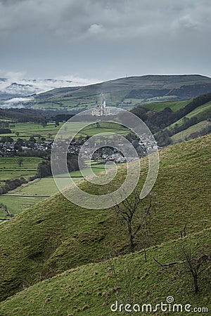 Misty Autumn morning landscape of Derwent Valley from Mam Tor in Stock Photo