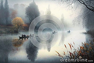 misty autumn morning, with mist rising from a lake, and canoeists paddling through the water Stock Photo