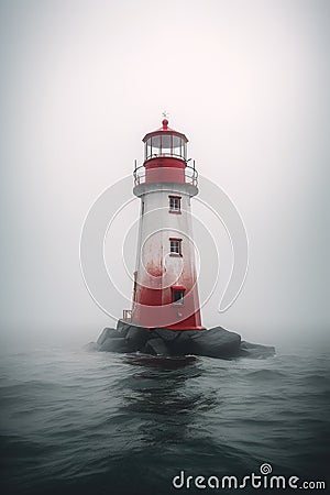 Misty Beacon: Discover the Enigmatic Lighthouse Amidst the Serene Rocky Island. Generative AI Stock Photo
