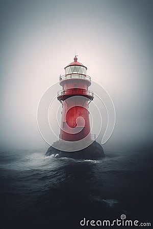 Misty Beacon: Discover the Enigmatic Lighthouse Amidst the Serene Rocky Island. Generative AI Stock Photo