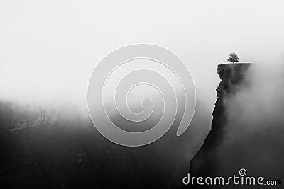 Misty canyon with sharp cliff iin Delika Stock Photo