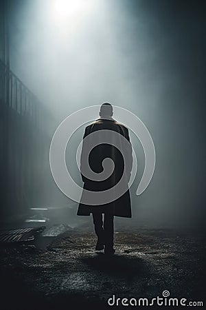 Mysterious African american man wearing a long trench coat in the fog. Noire detective. Interwar Period. Stock Photo