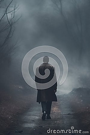 Mysterious African american man wearing a long trench coat in the fog. Noire detective. Roaring Twenties era. Stock Photo