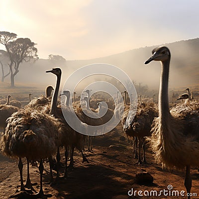 Misty farm backdrop as ostrich group roams, a tranquil ensemble Stock Photo