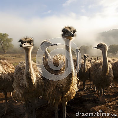 Misty farm backdrop as ostrich group roams, a tranquil ensemble Stock Photo