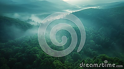 Misty Forest Aerial Photograph with Pine Trees. Foggy, Atmospheric Nature Background Stock Photo