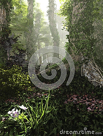 Misty Forest, 3d Computer Graphics Stock Photo