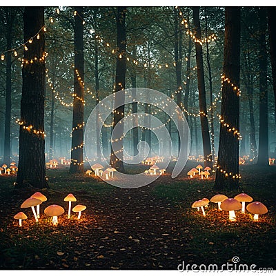 A misty forest scene with tall trees wrapped in cascading string lights creating a magical Stock Photo