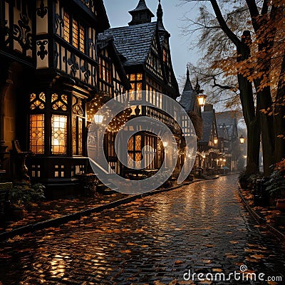 Misty gothic cottage in a gloomy metropolis at night Stock Photo