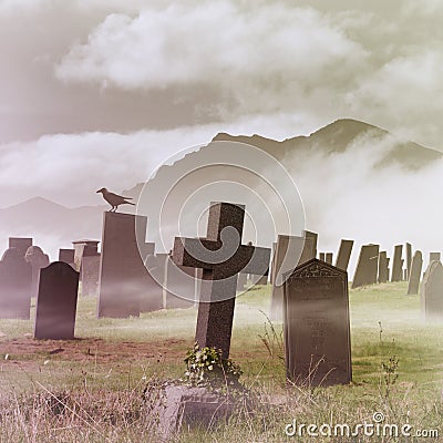 Misty Graveyard Stock Photo