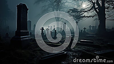 Misty Graveyard with Tombstones Shrouded in Fog AI Generated Cartoon Illustration