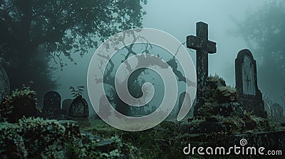 A misty graveyard with weathered headstones and twisted gnarled trees shrouded in mystery and secrets. . Stock Photo