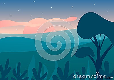 Misty hills sunrise with pastel pink, ocean blue, cyan. Cloudy cold palette morning with a tree and bushes. Vector 2d Vector Illustration