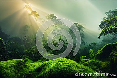 Misty jungle rainforest in the morning. Tropical forest with sun rays and fog. Nature landscape wallpaper background Stock Photo