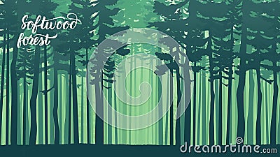 Misty landscape with fir forest in hipster vintage retro style Vector Illustration