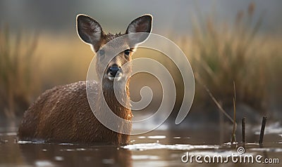 Misty Marshland Serenity Photo of Chinese water deer standing alertly in a misty marshland its delicate features and unique Stock Photo