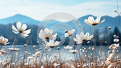 Misty meadow with white flowers in the foreground against the backdrop of mountains. Empty background Stock Photo