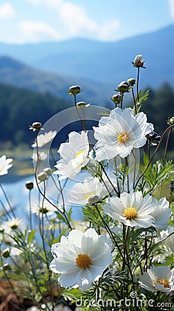 Misty meadow with white flowers in the foreground against the backdrop of mountains. Empty background with copy space. Stock Photo