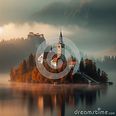 A misty morning at Bled Island, with castle in the backdrop Stock Photo