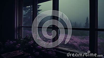 Misty Morning: A Dark And Romantic View Of Purple Lily Plants Stock Photo