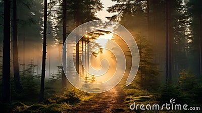 Misty Morning Forest Path In Scottish Landscapes Stock Photo