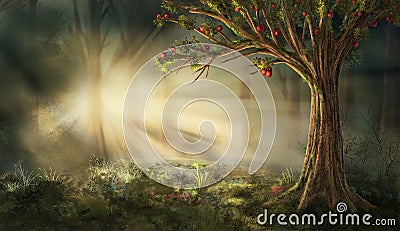 Misty morning in the forest. The rays of the sun shining through the branches of trees width red fruits. Digital art style. Cartoon Illustration