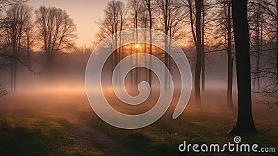 misty morning in the forest sunrise light nature and mist in spring, Lithuanian nature Stock Photo