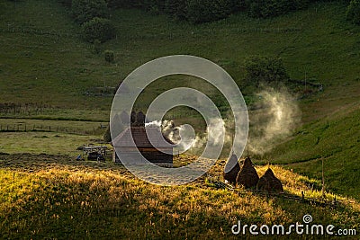 Misty morning in the heart of Transylvanian mountains , Fundatura Ponorului, Romania Stock Photo