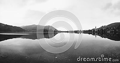 Misty morning on the lake Schliersee in the Bavarian Alps mountains, Bavaria, Germany, April 2019 Stock Photo