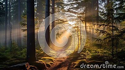 Misty Morning Light Sun Rays Through A Forest Stock Photo