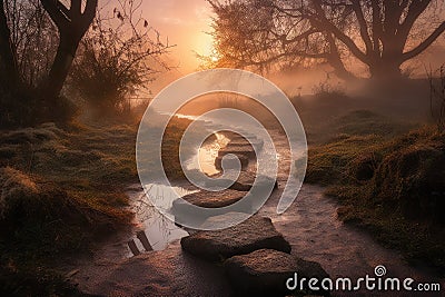 misty morning with misty pathways and stepping stones leading to the sunrise Stock Photo