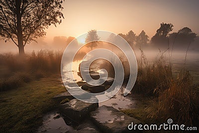 misty morning with misty pathways and stepping stones leading to the sunrise Stock Photo