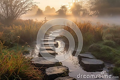 misty morning with misty pathways and stepping stones leading to the sunrise Stock Photo