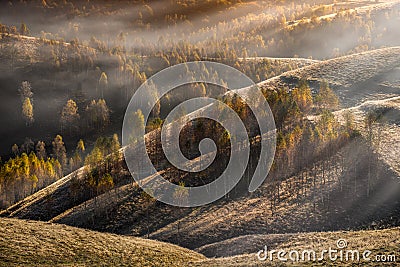 Misty morning in Transylvania, autumn frosty morning ,country side in Romanian Mountains Stock Photo