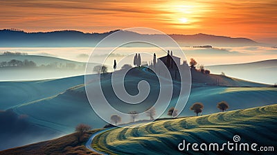Misty Mornings In Tuscany: Reviving Historic Art Forms With Max Rive's Style Stock Photo