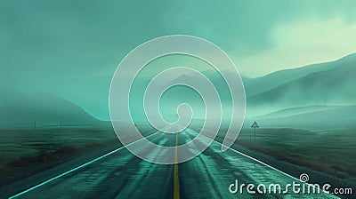 Misty Mountain Highway at Dawn: Serene Teal Landscape with Endless Road Stock Photo