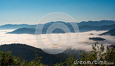 Misty mountain landscape. Foggy weather Stock Photo