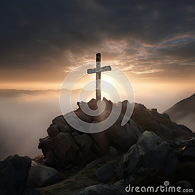 Misty Mountain Ridge with Iron Cross and Cairn of Stones AI Generated Cartoon Illustration