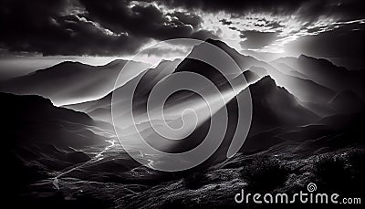 A misty mountain top, lofty, majestic, cloudy, misty, monochrome, Generative AI, illustration Stock Photo