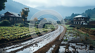 Misty Rain in Agriculture Land and Raw Mud Path in Urban Village Background Stock Photo
