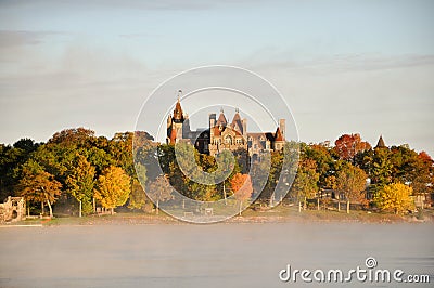 Misty river in and Boldt Castle. Stock Photo