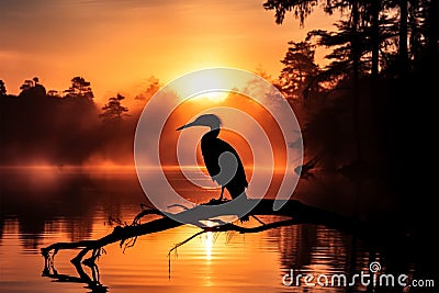 Misty river dawn, Darters silhouette against the rising sun Stock Photo